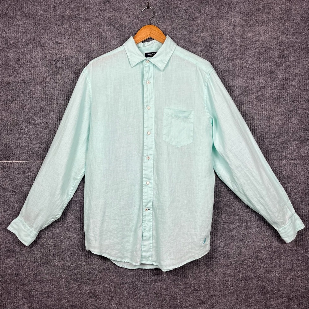 Nautica Button Up Shirt Mens M Mint Green Linen Long Sleeve Coastal Preppy